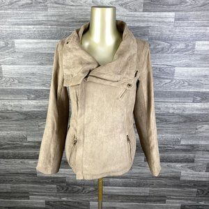 QUINN Full Zip Up Zip Pockets Tan Faux Suede Lined Jacket Women's Size Large